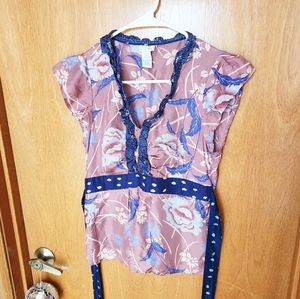 Odille Anthropologie Vintage Floral Y2k Tie Back Blouse Top Purple